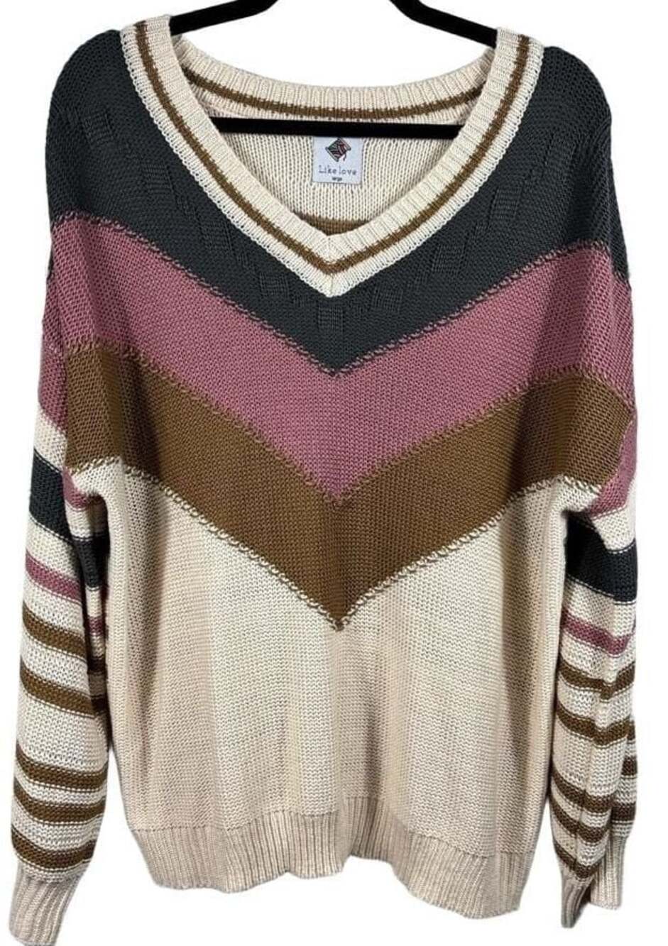 Like Love Striped V-Neck Oversized Sweater Multi-Color Chevron Size L